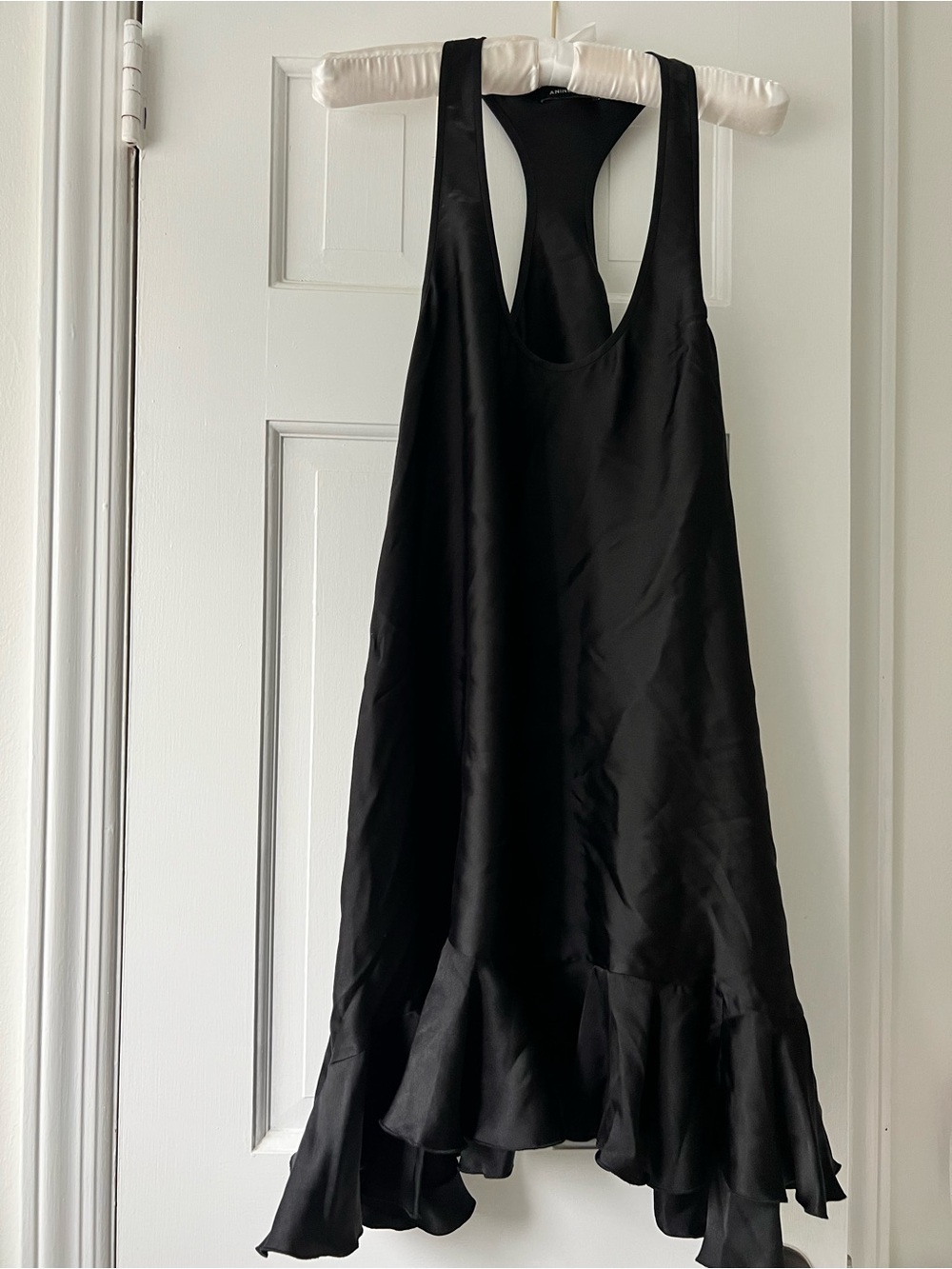 Anine Bing Silk Black Ruffle-Hem Racerback Dress - Women